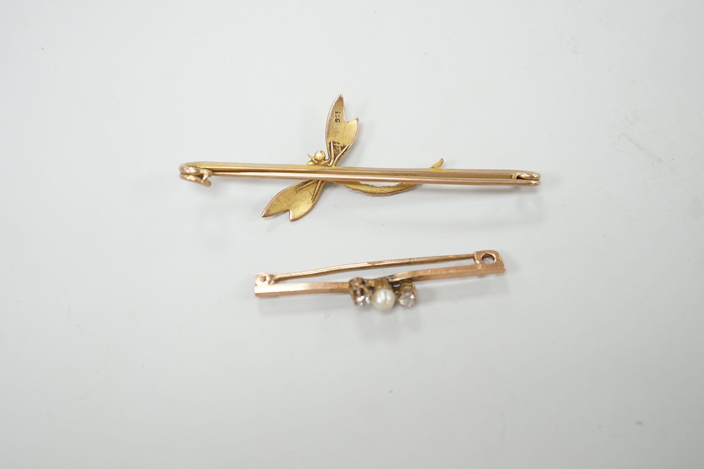 Two early 20th century yellow metal and gem set bar brooches, including turquoise set dragonfly, 64mm